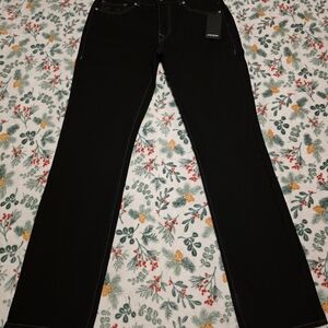 True Religion Men's Ricky Straight Black Jeans With Green Logo On Pockets 34/34